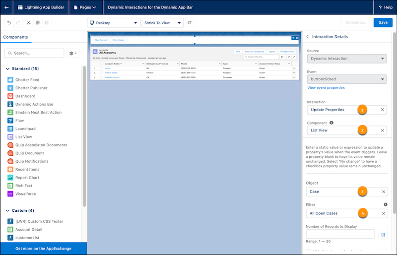Lightning App Builder with the properties pane open to configure Interaction Details